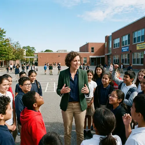Charismatic Leader Inspiring Students in Schoolyard