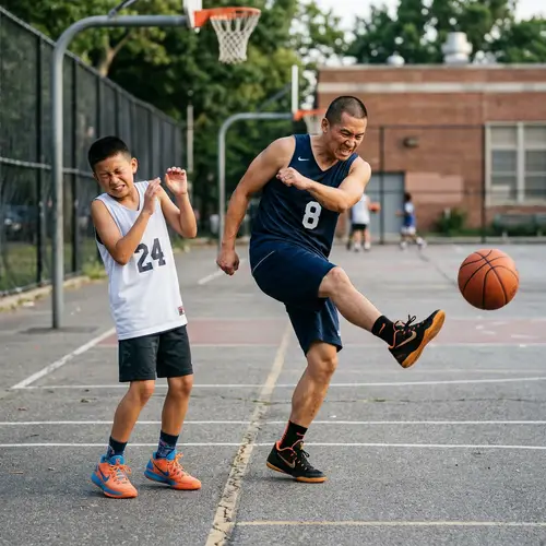 Dynamic Asian Male Basketball Player Kick Ball Photo
