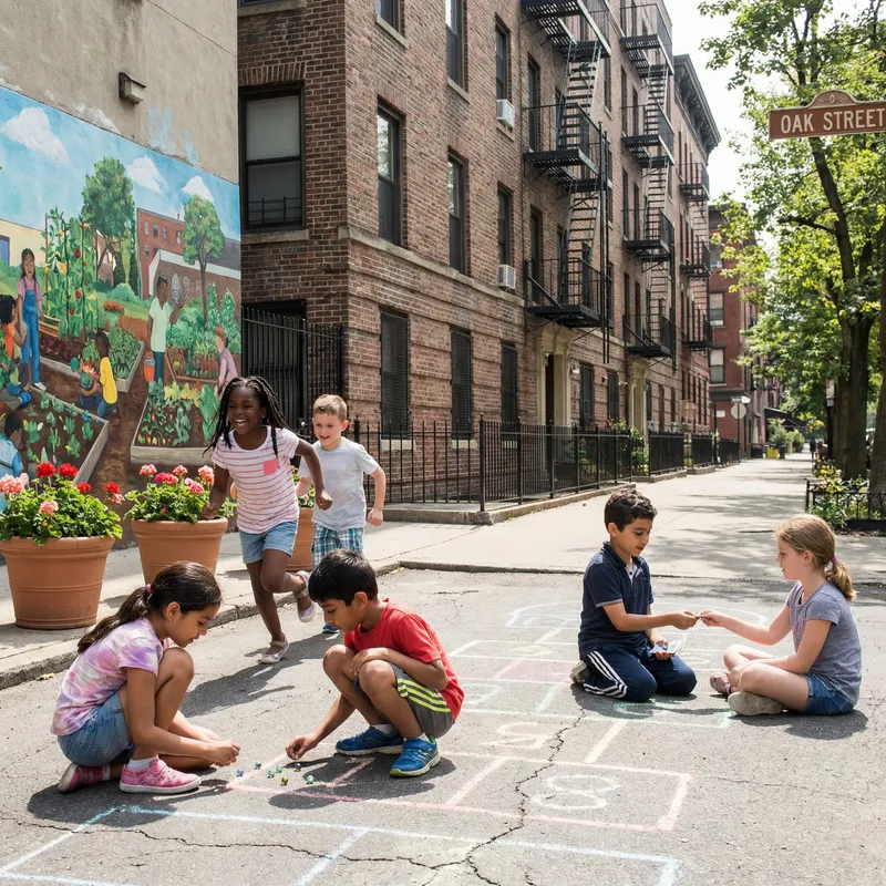 Children Playing and Chatting in Busy City Neighborhood