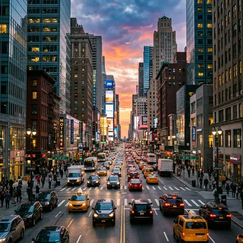 Dynamic Cityscape with Diverse Vehicles and Sunset Sky
