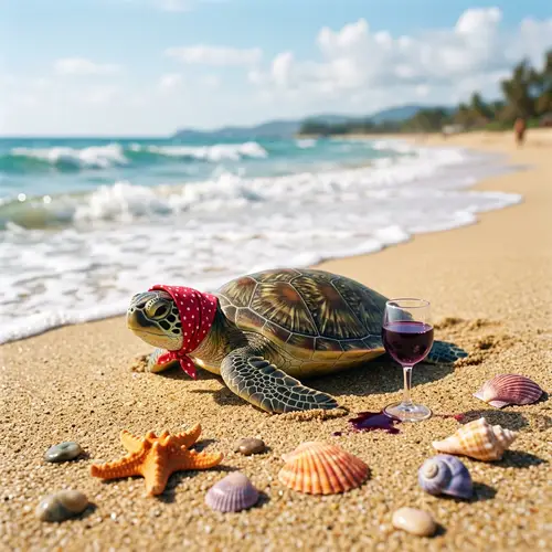 Quirky Turtle Enjoying Grape Juice on Sandy Beach