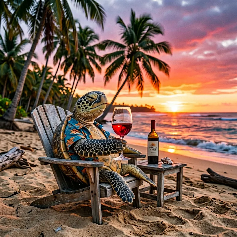 Turtle Drinking Wine on Beach | Serene Scene