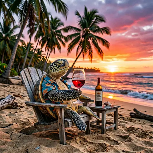 Turtle Enjoying Wine on Beach | Tranquil Scene