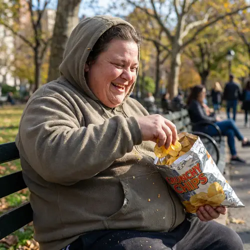 Joyful Overweight Person Eating Potato Chips