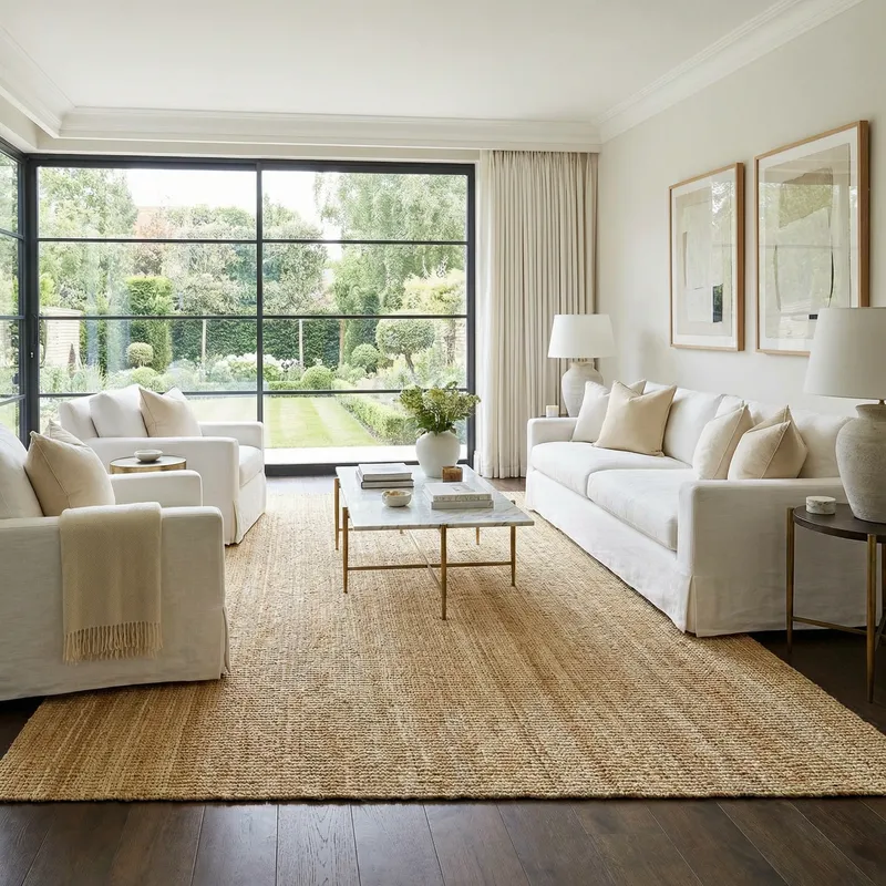 Luxury Living Room with Sisal Rug & White Furniture