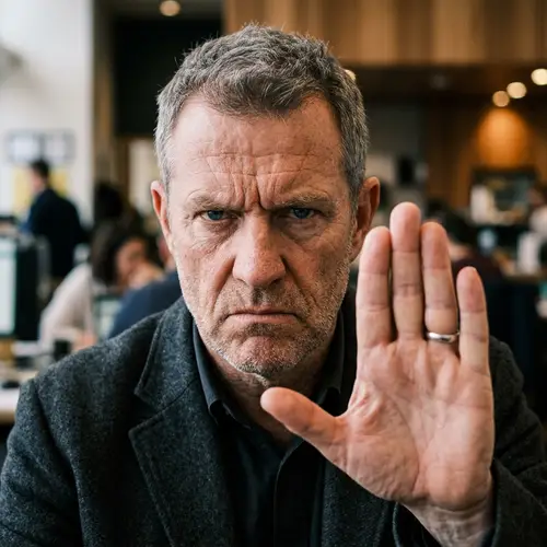 Hyperrealistic Portrait of Person Making Rejecting Gesture