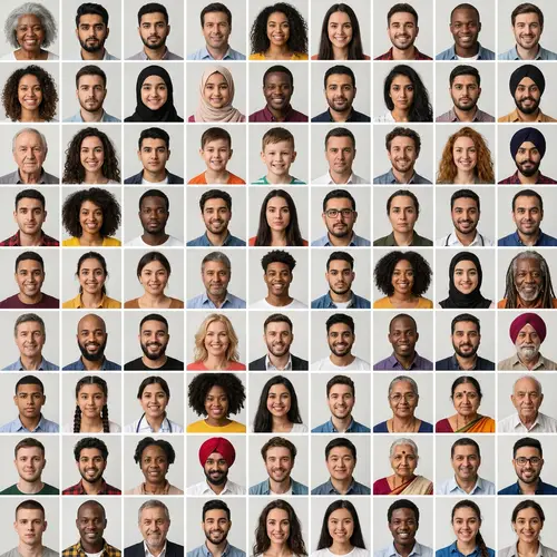 Diverse Passport-Style Collage of Individuals of Varied Ages and Ethnicities