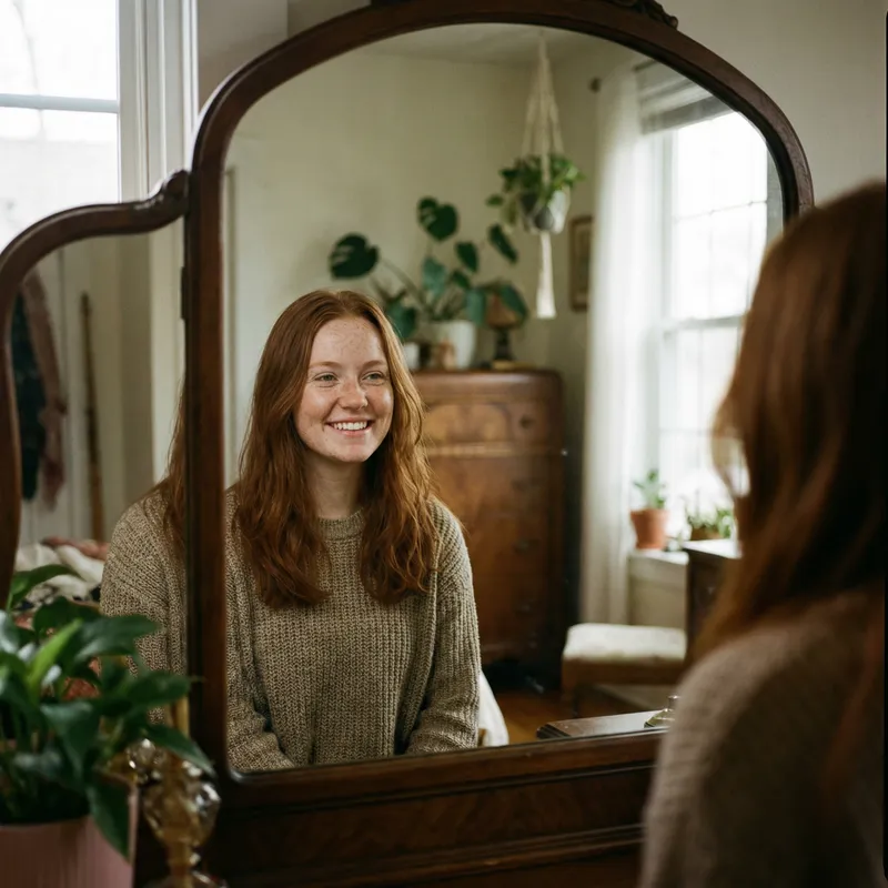 Hyperrealistic Portrait of Young Woman, 20, Smiling in Mirror