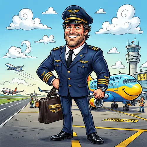Caucasian Male Pilot Caricature | Full Uniform, Big Smile
