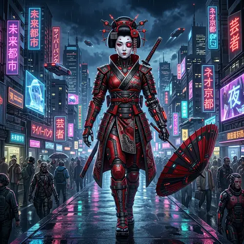 Geisha Cyborg Girl in Futuristic Leather Armor