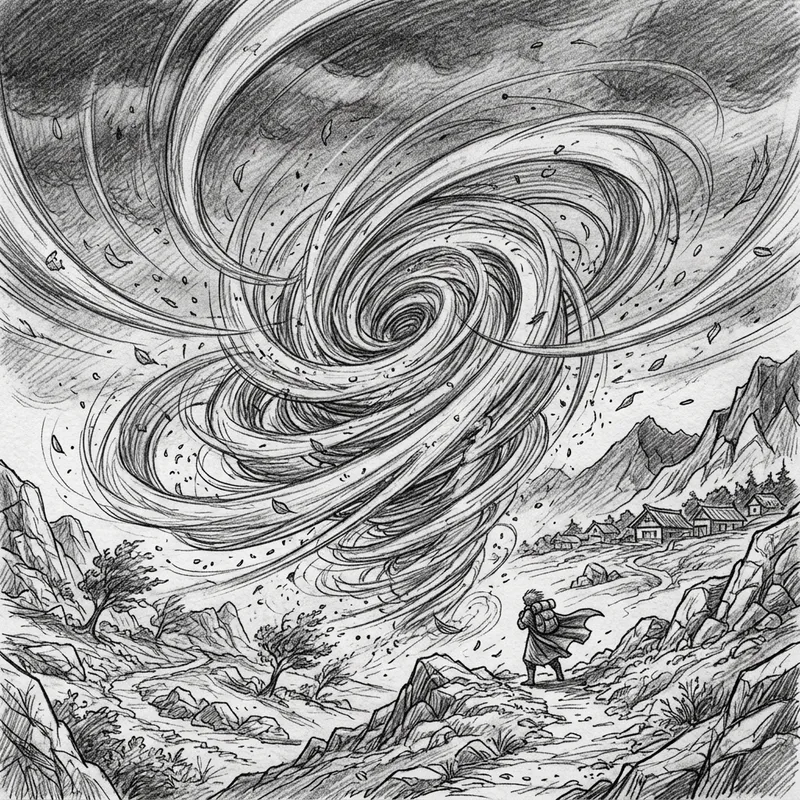 Monochrome Wind Swirls: Pencil Sketch in Minimalist Manga Style