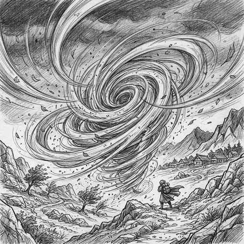 Monochrome Pencil Sketch: Vibrant Wind Swirls in Minimalist Style