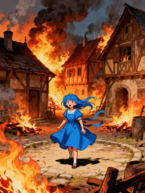 Girl in Blue Dress in a Burning Medieval Village