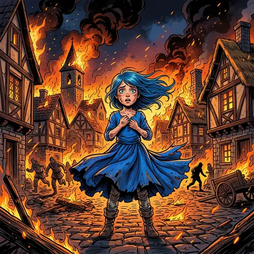 Girl in Blue Dress in a Burning Medieval Village