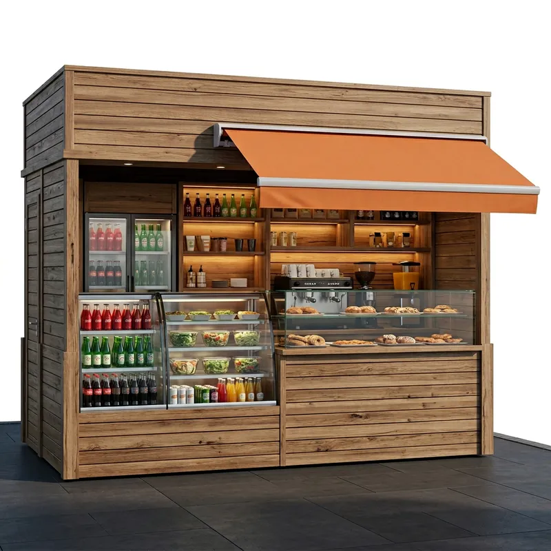 Realistic 3D Render of a Cozy Wooden Food Kiosk
