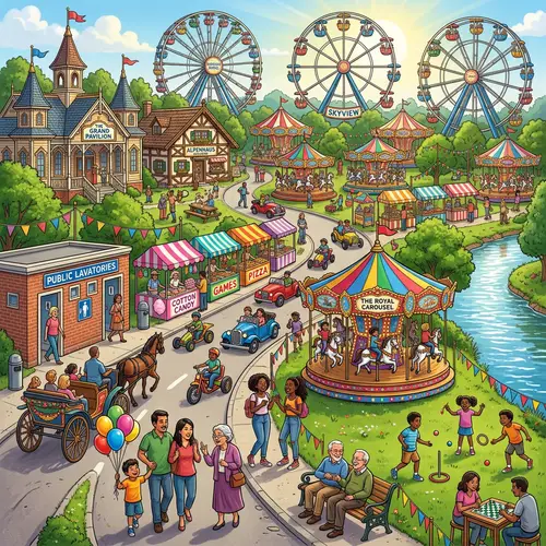 Vibrant Mini Amusement Park with Diverse Attractions