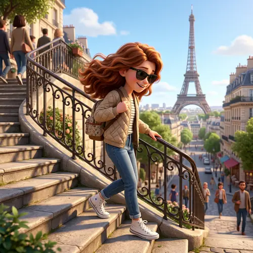 Pixar-Style Animation of Girl Descending Stairs with Eiffel Tower in Background