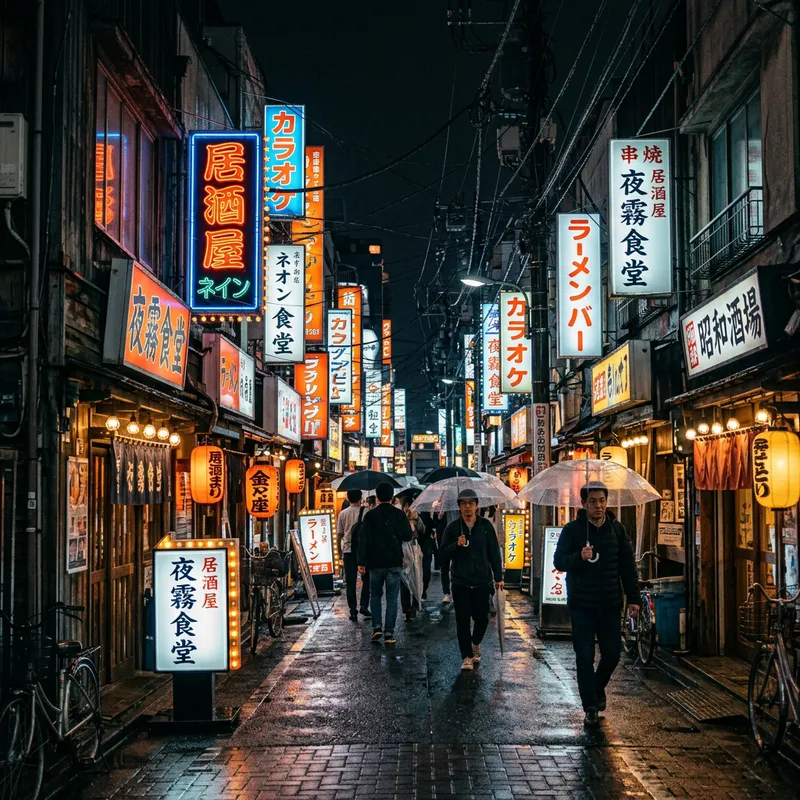 Realistic Images of Dim Japanese Streets with Neon Signs Realistic Images of Dim Japanese Streets with Neon Signs