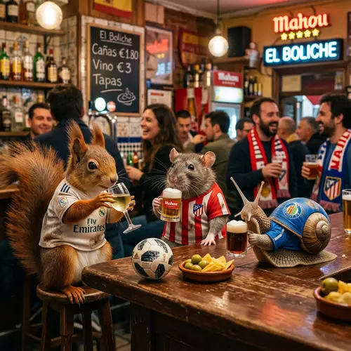 Spanish Bar Scene: Squirrel, Mollusk, and Rat Enjoying Drinks