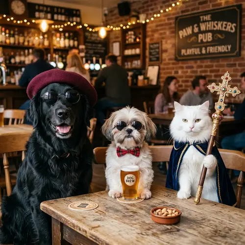Playful Pets in Sunglasses: Black Retriever, Shih Tzu, White Cat