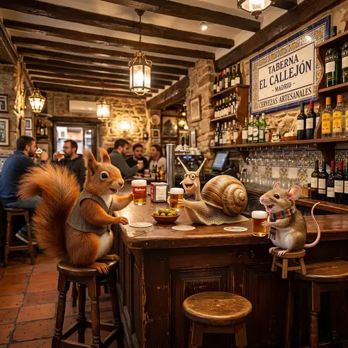 Whimsical Scene: Squirrel, Mollusk, and Mouse Enjoy Pint in Madrid Bar