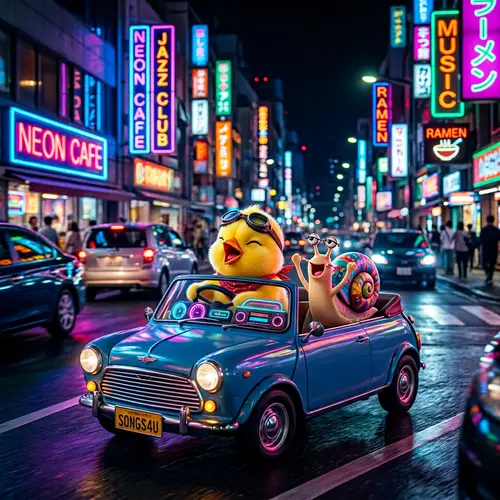Nighttime Adventure: Chick and Mollusk Singing in Neon-Lit Car