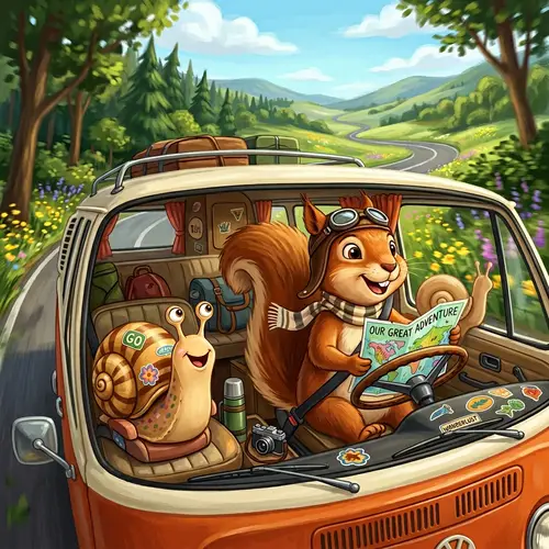 Cheerful Squirrel and Snail Road Trip Adventure | Vintage Van Fun