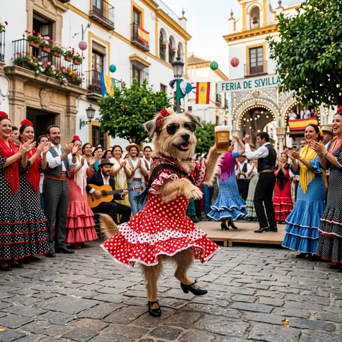 Dancing Dog in Town Square with Sunglasses and Beer