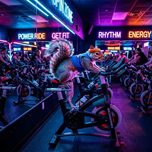 Neon Lights Spinning Workout with Squirrel | Gym Scene