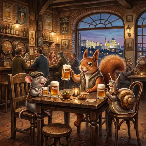 Anthropomorphic squirrel, mollusk, and mouse in Madrid bar