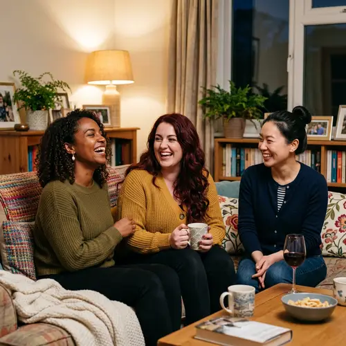 Close Friends Sharing Laughs at Home | Women with Exotic, Red, and Black Hair