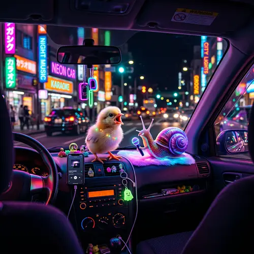 Nighttime Neon-Lit Car Serenade with Tiny Chick and Mollusk