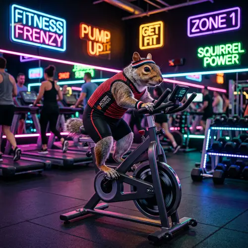 Energetic Squirrel Workout in Neon-Lit Gym