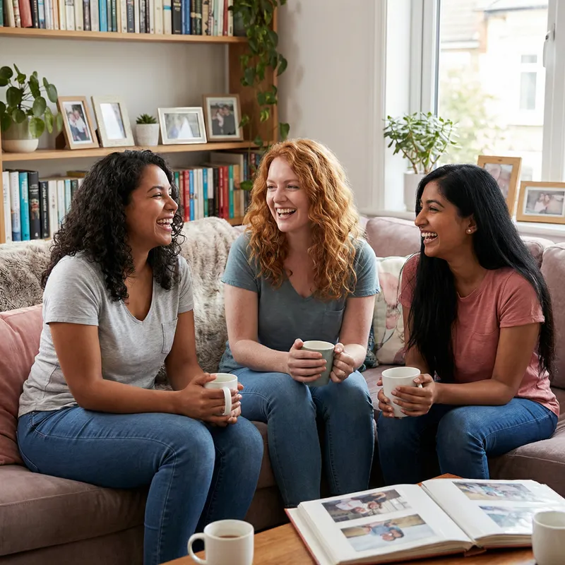 Three Female Friends Laughing Together at One's Home - Heartfelt Moments