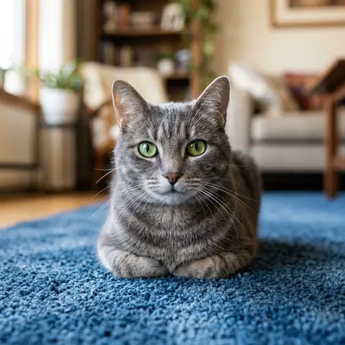 Grey Domestic Cat on Plush Blue Carpet - Engaging Portrait