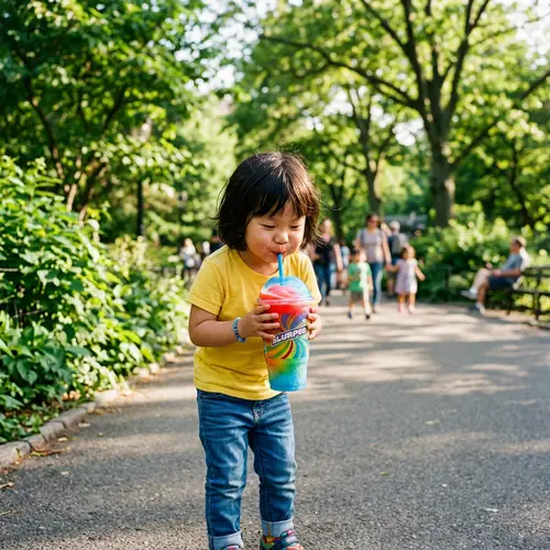 Young Chinese Child Enjoying Refreshing Slurpee in Lush Park