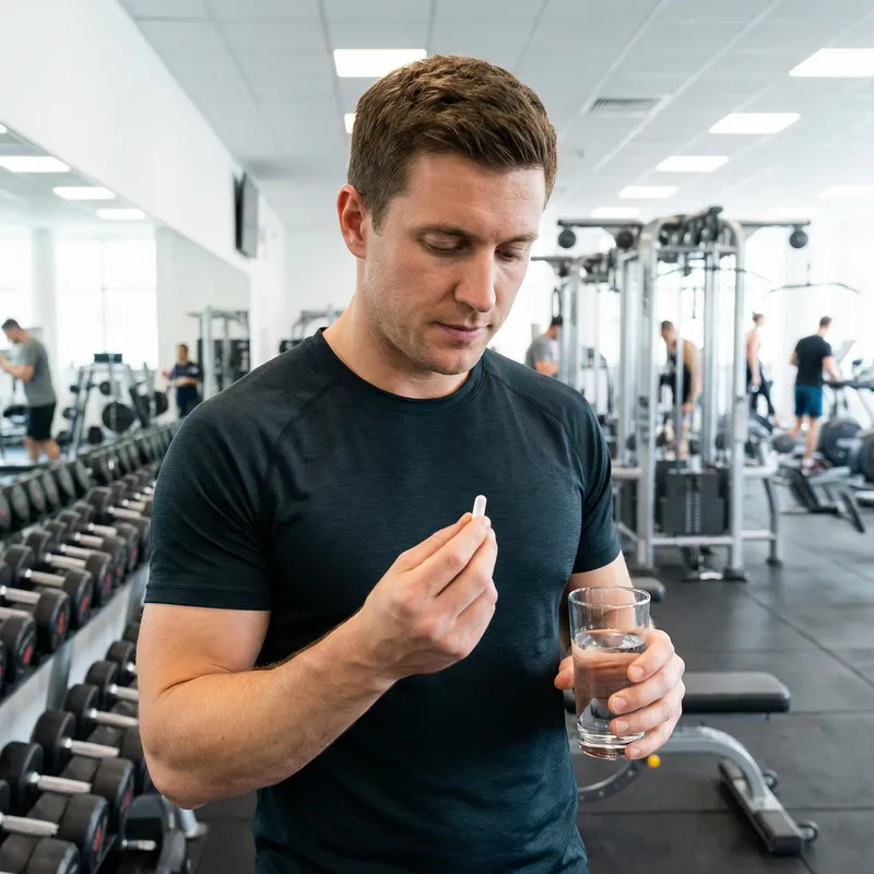 Man in Fitness Room holding Vitabodiz Dietary Supplement Pill and Glass of Water