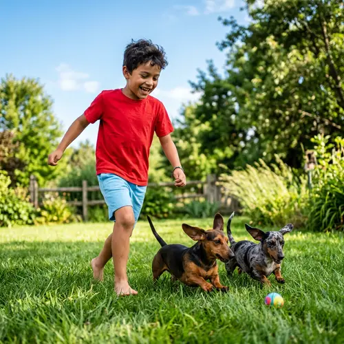 Joyful Hispanic Boy Playing with Dachshund Dogs Outdoors
