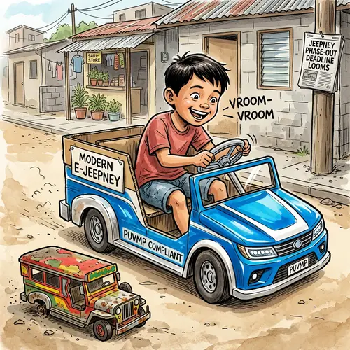 Filipino Child Joyously Steering Modern Jeepney - Editorial Cartoon