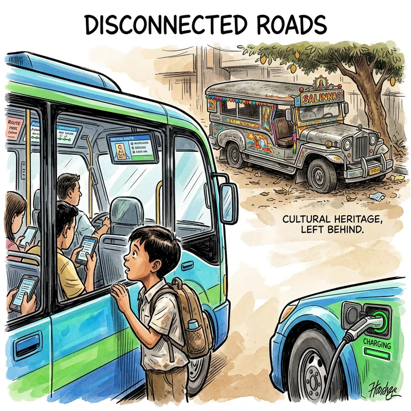 Generational Shift: Child's Modern vs. Neglected Traditional Jeepney
