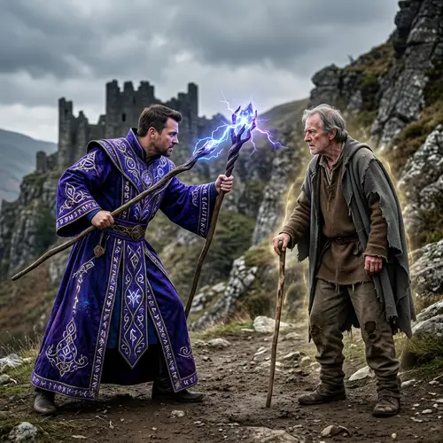 Epic Battle Between Powerful Mage and Defiant Man
