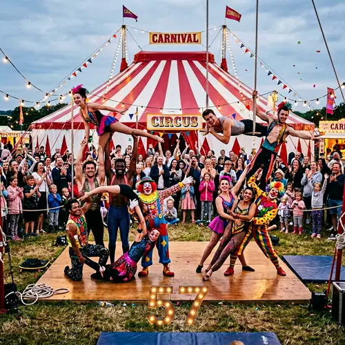 Colorful Circus Performers in Number 57 Formation | Exciting Carnival Show