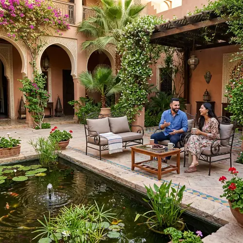 Courtyard Scene with Pond and Outdoor Furniture