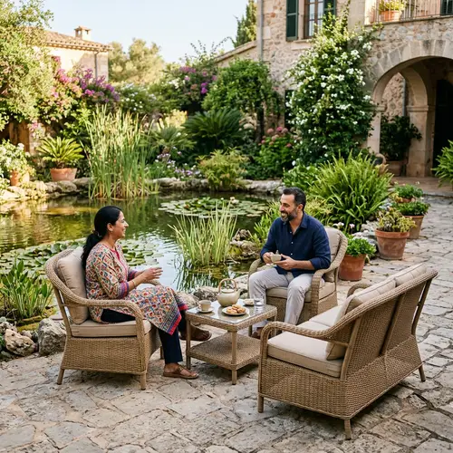Outdoor Furniture Set with Conversing Multicultural Couple