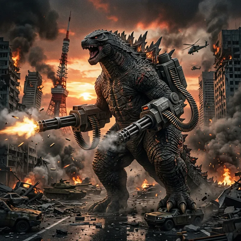 Godzilla with Machine Guns: The Ultimate Showdown