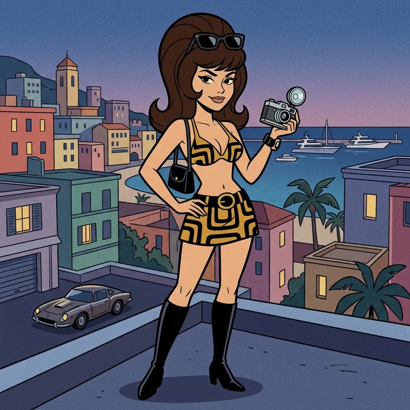 1960s Spy Babe in Golden Bikini | Cartoon Brunette