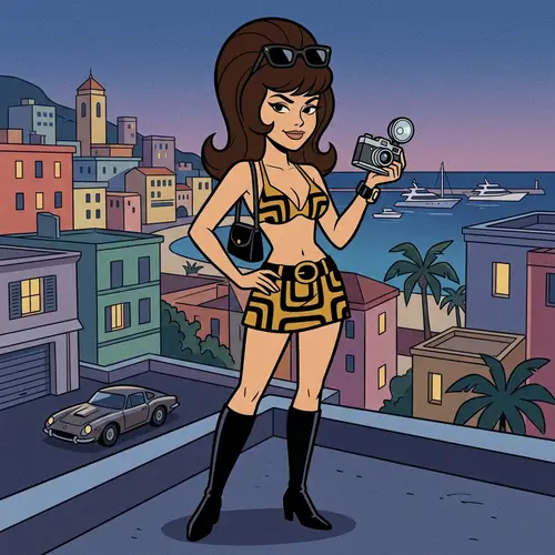 1960s Spy Babe in Golden Bikini | Cartoon Brunette