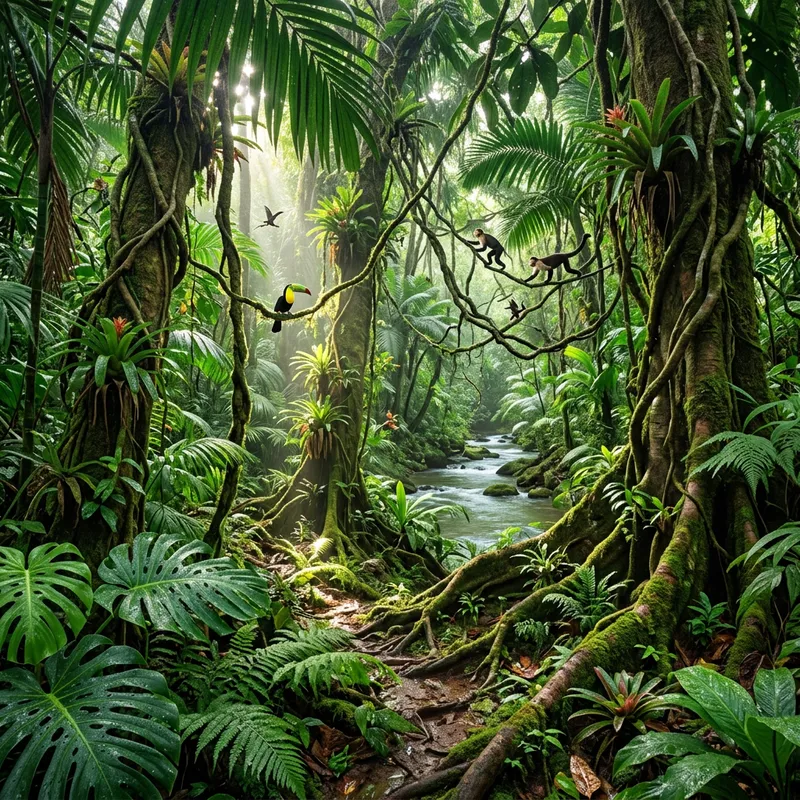 Immersive Jungle Experience: Verdant Canopy & Exotic Wildlife