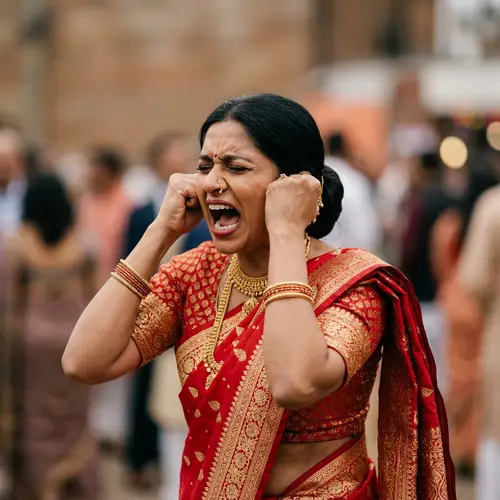 Intense Expression of South Asian Woman in Traditional Indian Attire