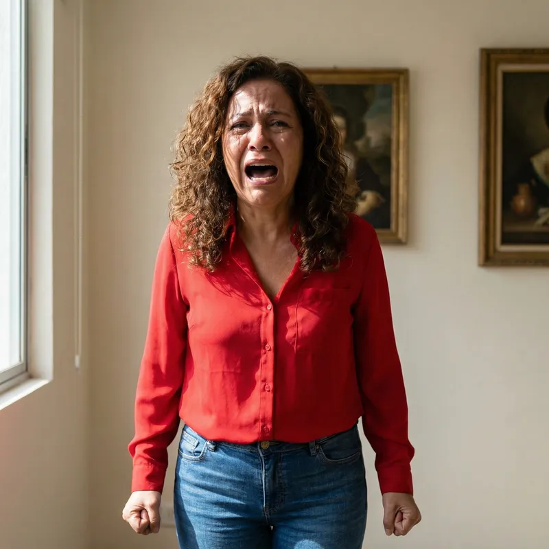 Middle-Aged Hispanic Woman Screaming in Intense Emotional Distress